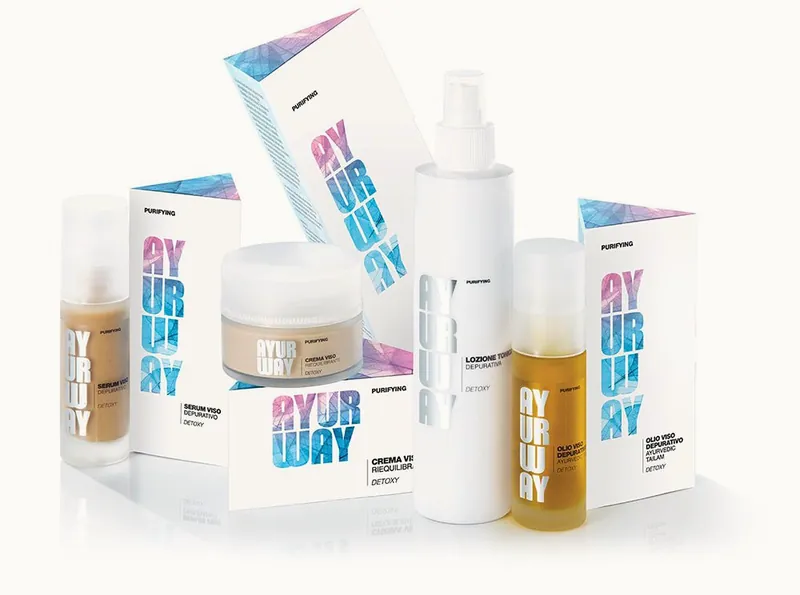 Linea Purifying viso di Ayurway: siero, crema e confezioni