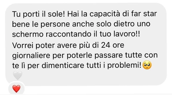 Messaggio: «Tu porti il sole! Hai la capacità di far star bene le persone anche solo dietro uno schermo raccontando il tuo lavoro!! Vorrei poter avere più di 24 ore giornaliere per poterle passare tutte con te lì per dimenticare tutti i problemi!» (faccina commossa, cuore bianco)